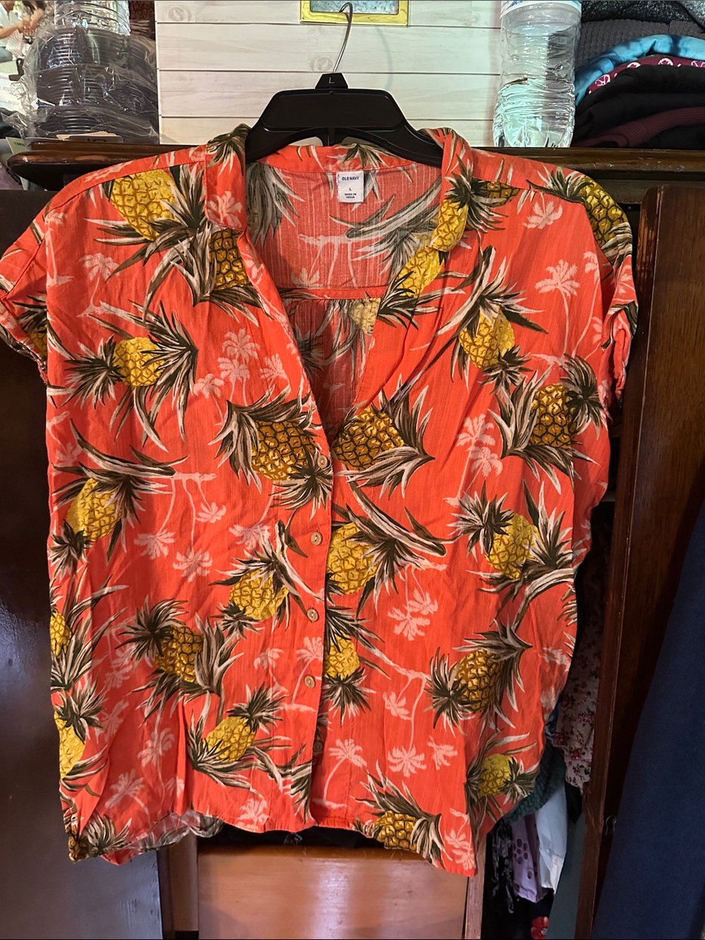 Old Navy Coral Button-Front Pineapple Print Shirt